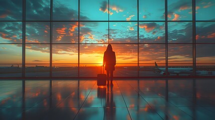 Wanderlust Journey: Traveler Silhouetted Against Vibrant Airport Sunset - obrazy, fototapety, plakaty