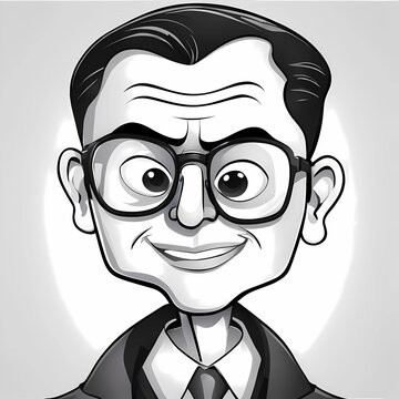 3d illustration of a cartoon caricature of a cheerful man with a stylish hairstyle in glasses and a suit. In black and white format. Generative AI