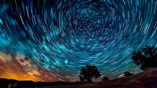 Star trails over nighttime landscape