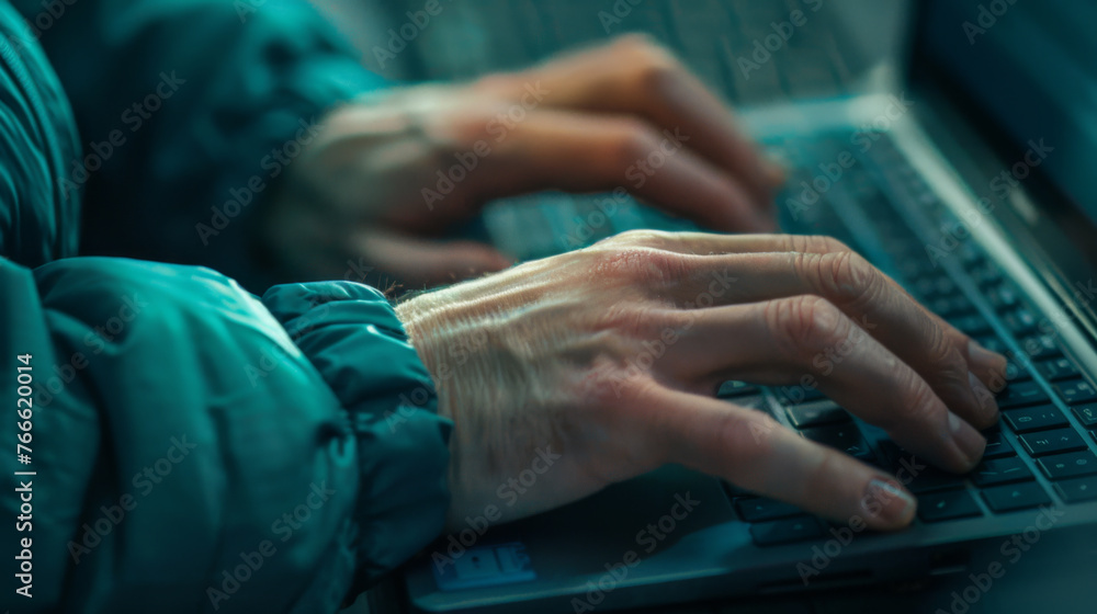 Aufkleber close-up of hands typing on a backlit laptop keyboard in a dimly lit setting.