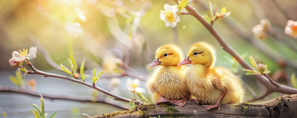 Cute yellow ducklings on a branch in a spring blooming garden. Easter motif of sweet animals - obrazy, fototapety, plakaty