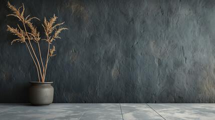 Minimalist Elegance. Potted Grass against Textured Dark Wall. Contemporary Simplicity. Rustic Vase with Dry Grass on a Grey Backdrop. Mockup