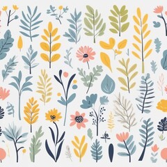 A collection of seamless pattern, colorful abstract plants and flowers. Hand drawn Collection of leaves and flowers. A close up of a pattern of flowers and leaves.
