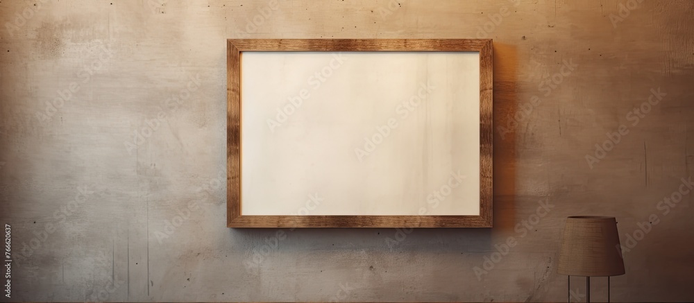 Poster a frame displayed on a wall with a light fixture placed beside it for illumination