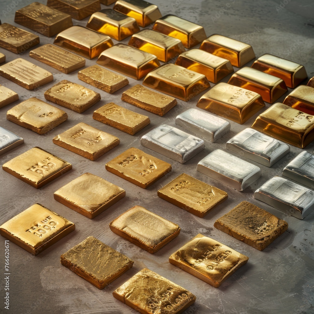 Poster high-quality image of various gold and silver bars arranged on a surface, symbolizing wealth and inv