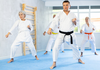 Sportive middle-aged male practitioner of karate courses performing fighting positions during training session