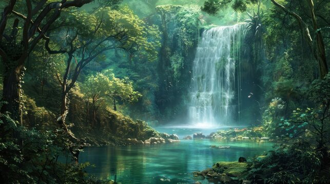 The beautiful natural view of the waterfall is truly amazingly refreshing AI generated image