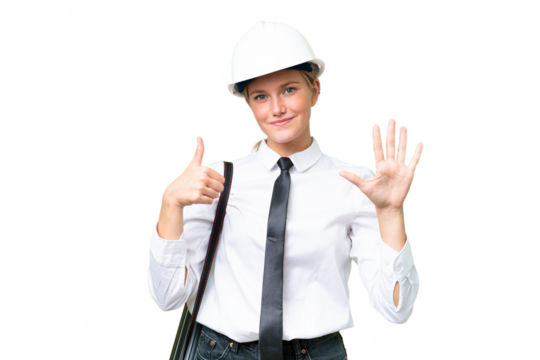 Young architect caucasian woman with helmet and holding blueprints over isolated background counting six with fingers