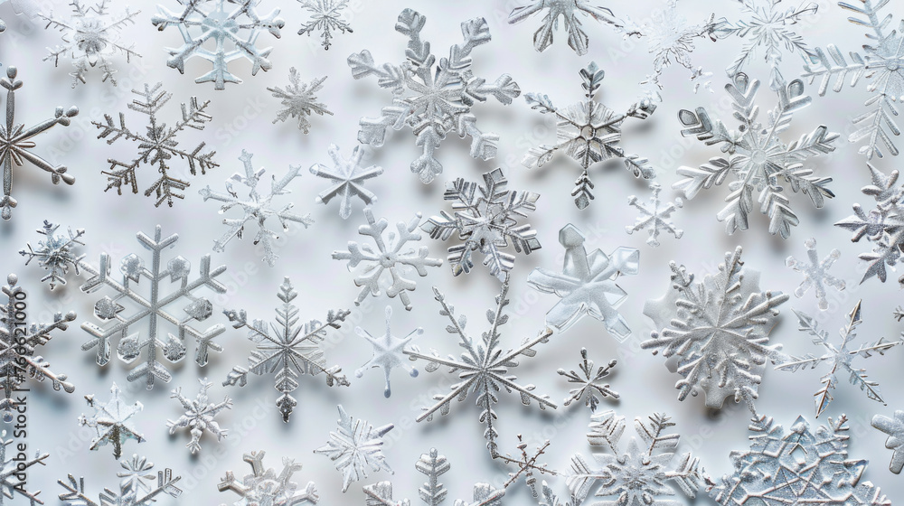 Poster delicate snowflakes with intricate designs are showcased up close, revealing the unique patterns of 