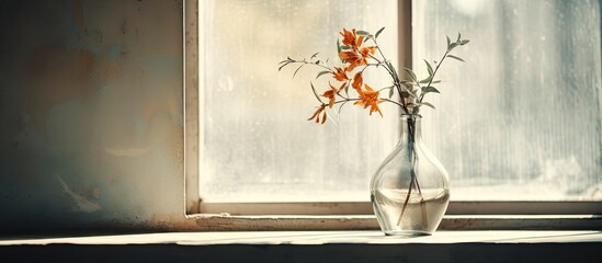 There is a vase with flowers in it sitting on a window sill