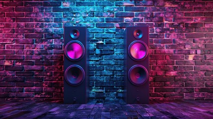 Brick wall background speakers decorated with neon light, music concept AI generated image - obrazy, fototapety, plakaty