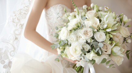 A close-up of a bride holding a floral bouquet with roses and greenery.