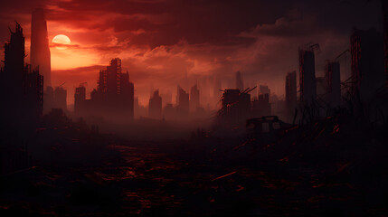 Apocalyptic Aftermath: A Bleak Vista of a Post-Apocalyptic Cityscape - obrazy, fototapety, plakaty