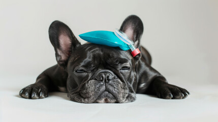 A French Bulldog lies on the floor with a syringe in front, wearing a blue ice pack on its head.