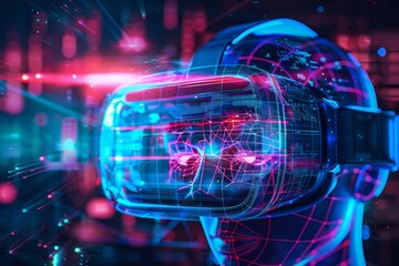 Cutting-edge VR matrix immersion: a dynamic technological backdrop enveloping users in virtual reality experiences, pulsating with futuristic energy and immersive visuals. - obrazy, fototapety, plakaty