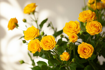 Bouquet of yellow roses in a glass vase. Flowers for the holiday. Decorations and ideas for home, parties and celebrations. Selective focus - 766621295