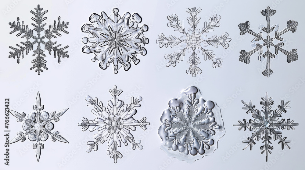 Poster delicate snowflakes with intricate designs are showcased up close, revealing the unique patterns of 