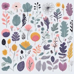 Obraz premium A collection of seamless pattern, colorful abstract plants and flowers. Hand drawn Collection of leaves and flowers. A close up of a pattern of flowers and leaves. 