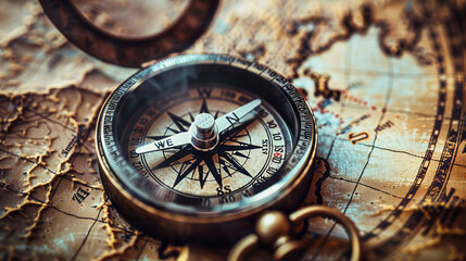 Fototapeta na wymiar Navigating the Unknown: Close-Up of Compass and Map