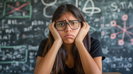A thoughtful student rests her chin on her hands against a backdrop of complex equations on a chalkboard.