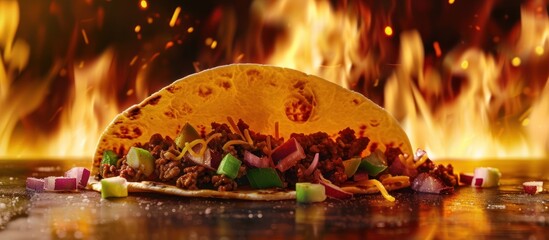 Delicious taco fast food eating concept on fire AI generated image