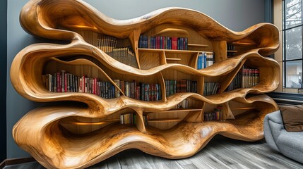 A striking abstract wooden bookshelf, curvaceous and filled with books, providing a statement piece in a modern interior setting