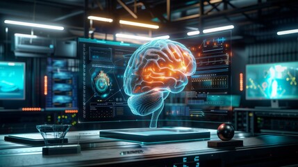 neural artificial intelligence brain in factory lab for futuristic research, technology innovation and machine learning network IQ of generative art and AI tools as wide banner hologram - obrazy, fototapety, plakaty
