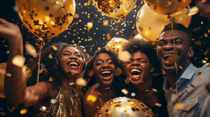 Exuberant friends laugh and celebrate with gold balloons and falling confetti. - obrazy, fototapety, plakaty