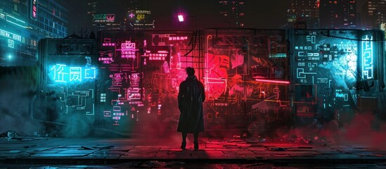 A man is looking at a wall with modern abstract technological neon graffiti AI generated image