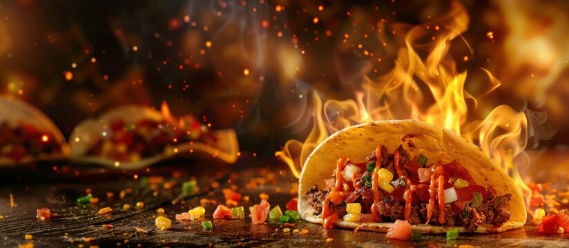 Delicious taco fast food eating concept on fire AI generated image
