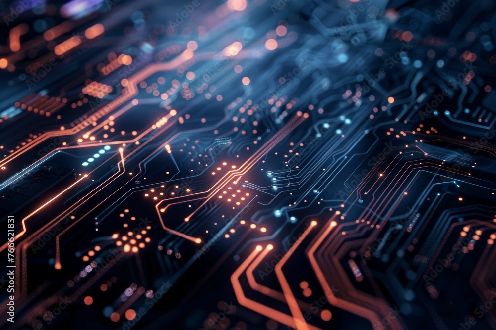Poster dynamic futuristic circuitry illustration: an immersive depiction of dynamic circuit patterns, captu