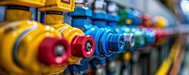 Obraz premium Close-up of colorful industrial valves and piping on equipment