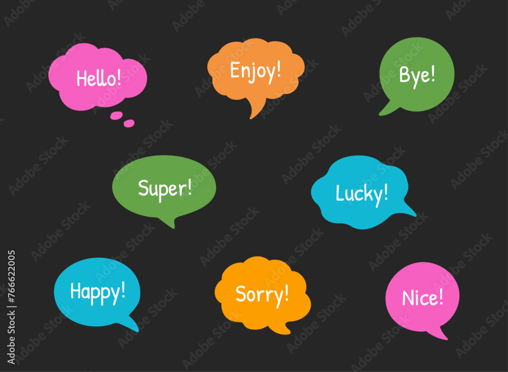 Poster hand-drawn doodle speech bubble frames. set of the colorful vector text boxes isolated on a black ba