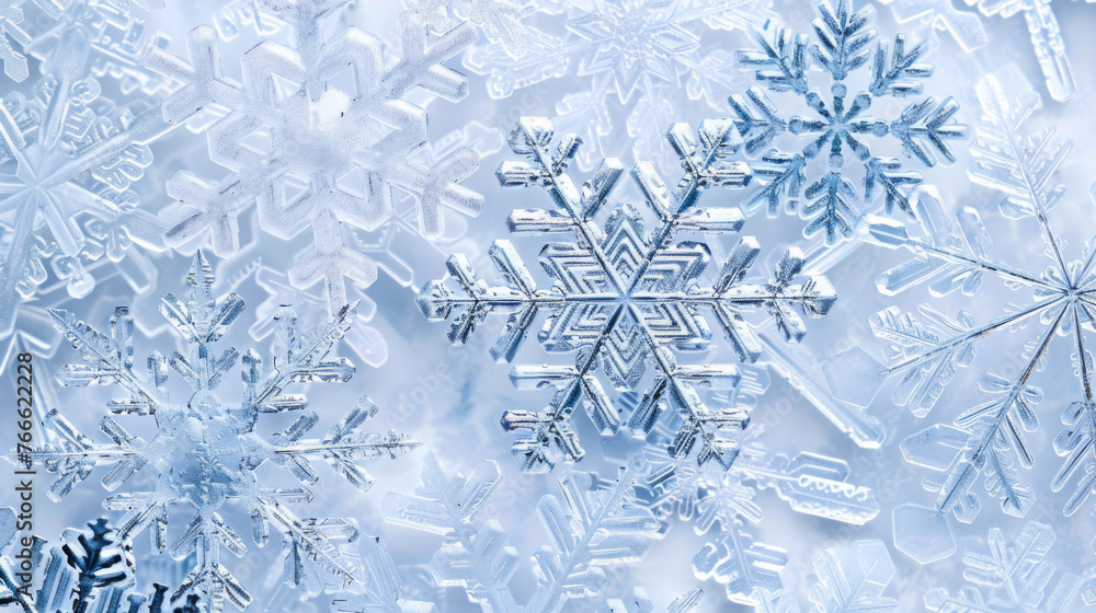 Poster delicate snowflakes with intricate designs are showcased up close, revealing the unique patterns of 