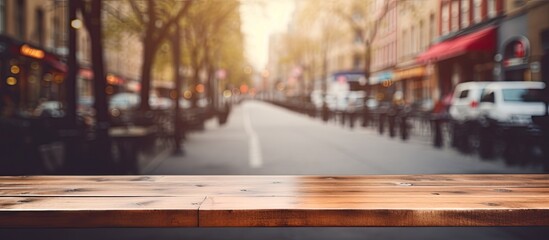 A wooden table surface is placed on a bustling urban street lined with parked cars - obrazy, fototapety, plakaty
