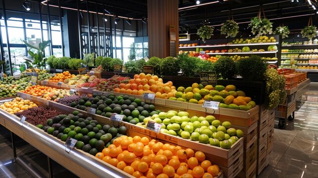 Fresh and clean healthy fruits on supermarket shelves AI generated image