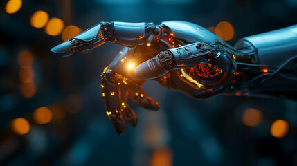 Robotic hand on background with bokeh effects, intricate mechanical fingers in golden glow, concept for human ingenuity and technological prowess, artificial intelligence and precision engineering - obrazy, fototapety, plakaty