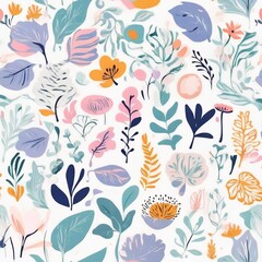 A collection of seamless pattern, colorful abstract plants and flowers. Hand drawn Collection of leaves and flowers. A close up of a pattern of flowers and leaves.
