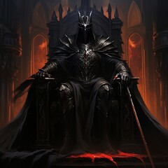 The Dark Lord sits on the throne, the black knight is the king, dark fantasy painting illustration