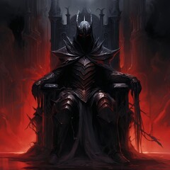 The Dark Lord sits on the throne, the black knight is the king, dark fantasy painting illustration