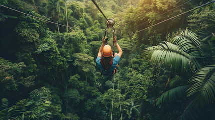 A photo of friends zip-lining through a lush jungle canopy, experiencing the thrill of adrenaline-pumping activities happiness, love and harmony