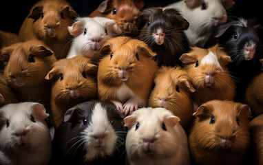 Herd of guinea pigs in various colors on black background