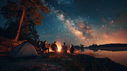 An image of friends camping under the stars in a remote wilderness area, bonding over shared outdoor adventures happiness, love and harmony - obrazy, fototapety, plakaty
