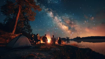 Fotobehang An image of friends camping under the stars in a remote wilderness area, bonding over shared outdoor adventures happiness, love and harmony © Лариса Лазебная