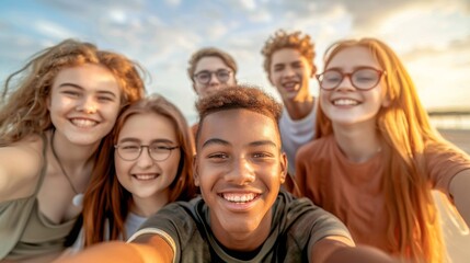 Obraz premium International youth day. Teenagers, happy and cheerful, smiling and laughing, together, young and funny. Entertainment for young people. Teens make the future.