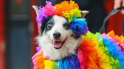 Happy border collie dog with heterochromia multicoloured eyes wearing rainbow outfit at pride parade. Smiling pet at LGBTQ+ outdoor pride dog walk event.