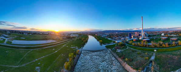 Aerial panorama of Zagreb city, Croatia above Sava river rapids on the eastern part of the city - obrazy, fototapety, plakaty