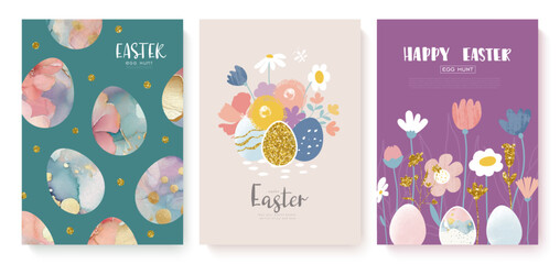 Happy Easter Set of banners, greeting cards, posters, holiday covers. Trendy design with beautiful eggs and flowers. Vector illustration