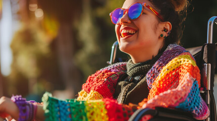 Happy disabled young girl in wheelchair wearing rainbow pride fashionable jumper cardigan outfit outdoors in nature. Candid young teenager with disability at LGBTQ+ gay pride parade. Copy space