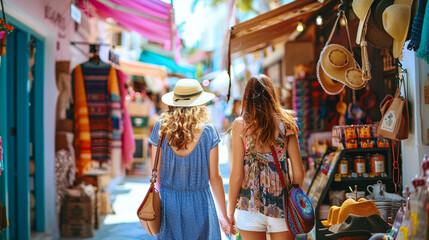 A photo of friends exploring colorful markets and historic landmarks in a charming old town happiness, love and harmony